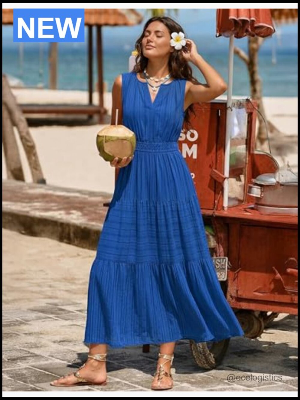 Womens Sleeveless V Neck Midi Maxi Dress Tiered High Waist Flowy Vacation Dress - Picture 5 of 7